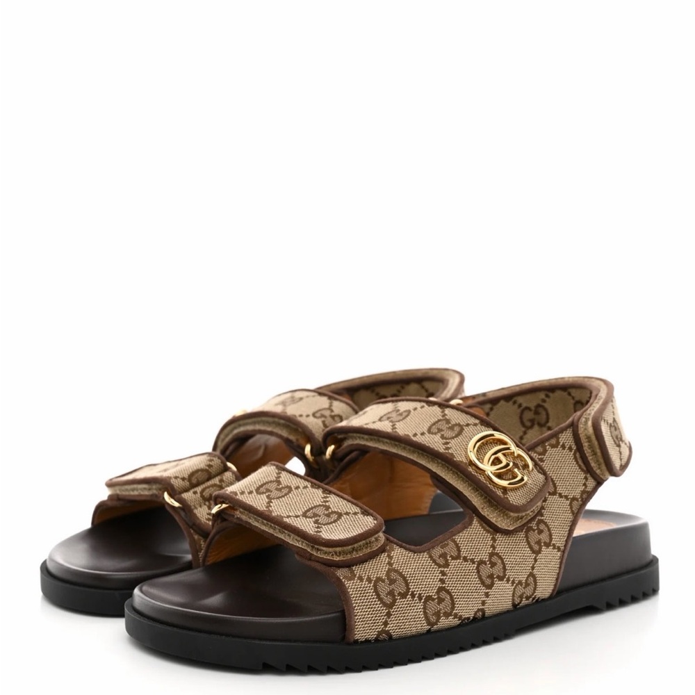 Gucci Beige Brown GG Canvas Kids Sandals with Gold Double G